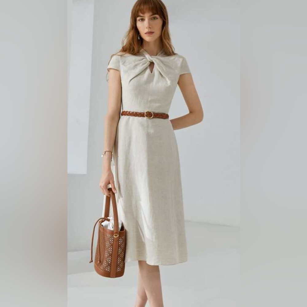 MOTF PREMIUM LINEN Twist A-Line Lined Dress-M Neutral Career Flowy Timeless